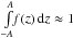Mathematical equation: \hbox{$\int\limits_{-A}^{A}\!\!f(z)\,\ud{z}\approx 1$}