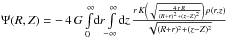 Mathematical equation: \hbox{$\Psi(R,Z)=-\,4\,G \int\limits_{0}^{\infty}\!\ud{r}\!\int\limits_{-\infty}^{\infty}\!\ud{z}\, \frac{r\,K\br{\sqrt{\frac{4\,r\,R}{(R+r)^2+(z-Z)^2}}}\,\rho(r,z)}{\sqrt{(R+r)^2+(z-Z)^2}}$}