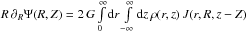 Mathematical equation: \hbox{$ R\,\partial_R\Psi(R,Z)=2\,G \int\limits_{0}^{\infty}\ud{r}\int\limits_{-\infty}^{\infty}\ud{z} \,\rho(r,z)\,J(r,R,z-Z)$}
