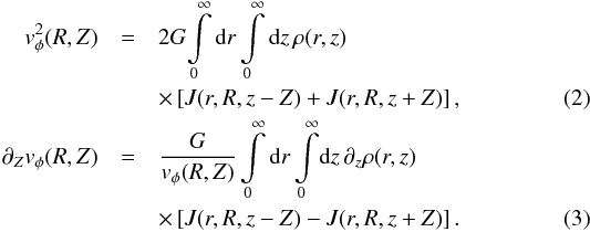 Mathematical equation: \begin{eqnarray} v^2_{\phi}(R,Z)&=&2G\! \int\limits_{0}^{\infty} \ud{r} \int\limits_{0}^{\infty} \ud{z}\, \rho(r,z) \nonumber\\ && \times \sq{J(r,R,z-Z)+J(r,R,z+Z)}, \label{eqn:rotation_thindisk}\\ \partial_Zv_{\phi}(R,Z)&=&\frac{G}{v_{\phi}(R,Z)} \int\limits_{0}^{\infty} \ud{r} \int\limits_{0}^{\infty}\!\ud{z} \,\partial_z\rho(r,z) \nonumber\\ && \times \sq{J(r,R,z-Z)-J(r,R,z+Z)}.\label{eqn:gradient_thindisk} \end{eqnarray}