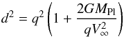 Mathematical equation: \begin{equation} d^{2}=q^{2}\left(1+\frac{2GM_{\rm Pl}}{qV_{\infty}^2}\right) \label{eq_d} \end{equation}