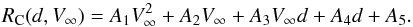 Mathematical equation: \begin{equation} R_{\rm C}(d,V_{\infty})=A_{1}V_{\infty}^2+A_{2}V_{\infty}+A_{3}V_{\infty}d+A_{4}d+A_{5}. \label{eq_rc} \end{equation}