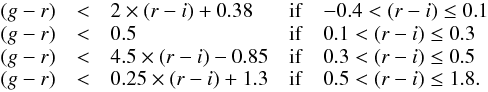 Mathematical equation: $$ \begin{array}{lllcl} (g-r)&<&2\times(r-i)+0.38 & {\rm if} & -0.4<(r-i)\le0.1\\ (g-r)&<&0.5 & {\rm if} & 0.1<(r-i)\le0.3\\ (g-r)&<&4.5\times(r-i)-0.85 & {\rm if} & 0.3<(r-i)\le0.5\\ (g-r)&<&0.25\times(r-i)+1.3 & {\rm if} & 0.5<(r-i)\le1.8.\nonumber \end{array} $$