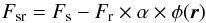 Mathematical equation: \begin{equation} F_{\rm{sr}}=F_{\mathrm{s}}-F_{\mathrm{r}} \times \alpha \times \phi({\vec r}) \label{eq:fsdi} \end{equation}