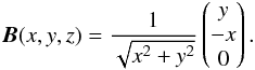 Mathematical equation: \begin{equation} \vec{B}(x,y,z) = \frac{1}{\sqrt{ x^2+y^2}} \begin{pmatrix} y \\ -x \\ 0 \end{pmatrix}. \label{eq:Btor} \end{equation}