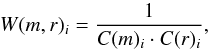 Mathematical equation: \appendix \setcounter{section}{2} \begin{equation} W(m,r)_i = \frac{1}{C(m)_{i}\cdot C(r)_{i}}, \end{equation}