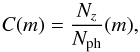 Mathematical equation: \appendix \setcounter{section}{2} \begin{equation} \label{eq:mcompl} C(m)=\frac{N_{z}}{N_{\rm ph}}(m), \end{equation}
