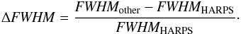 Mathematical equation: \begin{equation} \Delta{\it FWHM} = \frac{{\it FWHM_{\rm other}} - {\it FWHM_{\rm HARPS}}}{\it FWHM_{\rm HARPS}} \cdot \end{equation}