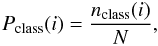 Mathematical equation: \begin{eqnarray} P_{\rm class}(i) = \frac{n_{\rm class}(i)} {N}, \end{eqnarray}