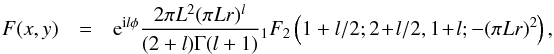 Mathematical equation: \begin{eqnarray} \label{Eq8bis} F(x,y) &=& {\rm e}^{{\rm i} l \phi} \frac{2 \pi L^2 (\pi L r)^{l}}{(2+l) \Gamma(l+1)} {}_{1}F_{2}\left(1+l/2 ; 2\!+\!l/2, 1\!+\!l ; - (\pi L r)^{2}\right), \end{eqnarray}