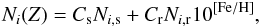 Mathematical equation: \begin{eqnarray} N_{i}(Z)=C_{\rm s}N_{i, {\rm s}}+C_{\rm r}N_{i, {\rm r}}10^{\rm [Fe/H]}, \end{eqnarray}