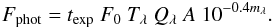 Mathematical equation: \begin{eqnarray} F_{\rm phot}=t_{\exp}~F_0~T_\lambda~Q_\lambda~A~10^{-0.4 m_\lambda}. \label{eq:flux} \end{eqnarray}