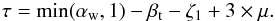 Mathematical equation: \begin{eqnarray} \tau = \min(\alpha_{\rm w},1) - \beta_{\rm t} - \zeta_1 + 3 \times \mu. \label{tau-define} \end{eqnarray}