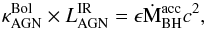 Mathematical equation: \begin{equation} \kappa^{\rm Bol}_{\rm AGN} \times L^{\rm IR}_{\rm AGN}=\epsilon \dot{\rm M}_{\rm BH}^{\rm acc} c^{2}, \label{eq:mdot} \end{equation}