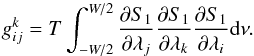 Mathematical equation: \appendix \setcounter{section}{2} \begin{equation} g_{ij}^{k} = T \int_{-W/2}^{W/2} \frac{{\partial} S_{1}}{\partial {\lambda_j}}\frac{{\partial} S_{1}}{\partial {\lambda_k}} \frac{{\partial} S_{1}}{\partial {\lambda_i}} {\rm d}\nu . \end{equation}