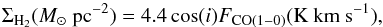 Mathematical equation: \begin{equation} \label{sigmaH2} \Sigma_{\rm H_2}(M_{\sun}~{\rm pc^{-2}}) = 4.4 \cos(i) F_{\rm CO(1-0)}({\rm K~km~s^{-1}}), \end{equation}