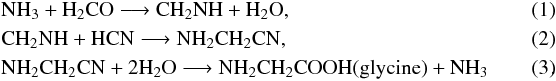 Mathematical equation: \begin{eqnarray} &&\mathrm{NH_{3} + H_{2}CO \longrightarrow CH_{2}NH + H_{2}O}, \\ &&\mathrm{CH_{2}NH + HCN \longrightarrow NH_{2}CH_{2}CN}, \\ &&\mathrm{NH_{2}CH_{2}CN + 2H_{2}O \longrightarrow NH_{2}CH_{2}COOH (glycine) + NH_{3}}\quad\quad\quad. \end{eqnarray}