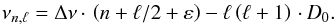 Mathematical equation: \begin{eqnarray} \label{eq:asymp_rel} \nu_{n,\ell} = \Delta\nu \cdot \left( n + \ell /2 + \varepsilon \right) - \ell \left( \ell + 1 \right) \cdot D_0 . \end{eqnarray}