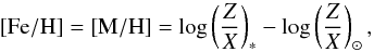 Mathematical equation: \begin{equation} \label{eq:FeH} [\mathrm{Fe}/\mathrm{H}] = [\mathrm{M}/\mathrm{H}] = \log \left( \frac{Z} {X} \right) _* - \log \left( \frac{Z}{X} \right) _\sun , \end{equation}