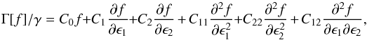 Mathematical equation: \appendix \setcounter{section}{1} \begin{equation} \Gamma[f]/\gamma = C_0 f \!+ \!C_1 \frac{\partial f}{\partial\epsilon_1} \!+\! C_2 \frac{\partial f}{\partial\epsilon_2} + C_{11}\frac{\partial^2 f} {\partial\epsilon^2_1} \!+\! C_{22}\frac{\partial^2 f}{\partial\epsilon^2_2} + C_{12}\frac{\partial^2 f}{\partial\epsilon_1\partial\epsilon_2}, \label{tcol-dim-c} \end{equation}