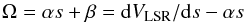 Mathematical equation: \appendix \setcounter{section}{1} \begin{equation} \label{O_dV} \Omega = \alpha s + \beta = {\rm d}V_{\rm LSR}/{\rm d}s - \alpha s \end{equation}