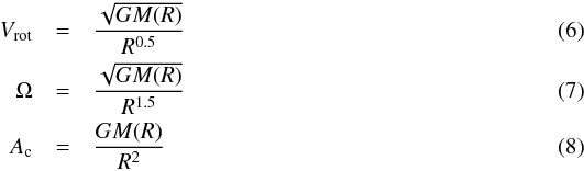 Mathematical equation: \begin{eqnarray} \label{ed_cen_1} V_{\rm rot} &=& \frac{\sqrt{GM(R)}}{R^{0.5}} \\ \label{ed_cen_2} \Omega &=& \frac{\sqrt{GM(R)}}{R^{1.5}} \\ \label{ed_cen_3} A_{\rm c} &=& \frac{GM(R)}{R^2} \end{eqnarray}