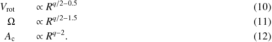 Mathematical equation: \begin{eqnarray} \label{MR_1} V_{\rm rot} &&\propto R^{q/2-0.5} \\ \label{MR_2} \Omega &&\propto R^{q/2-1.5} \\ \label{MR_3} A_{\rm c} &&\propto R^{q-2}. \end{eqnarray}