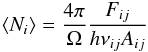 Mathematical equation: \begin{eqnarray} \langle N_i \rangle = \frac{4\pi}{\Omega} \frac{F_{ij}}{h \nu_{ij} A_{ij}} \end{eqnarray}