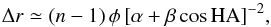 Mathematical equation: \begin{equation} \label{eq:fdrha} \Delta r \simeq (n-1)\,\phi\,[\alpha + \beta\,\mbox{cos}\,\mbox{HA}]^{-2}, \end{equation}