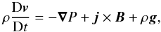 Mathematical equation: \begin{equation} \rho\frac{{\rm D}\vec{v}}{{\rm D}t}=-\vec{\nabla} P+\vec{j}\times \vec{B}+\rho\vec{g} , \label{eq1} \end{equation}