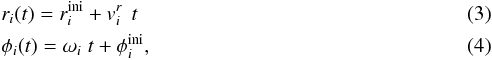 Mathematical equation: \begin{eqnarray} && r_{i}(t)= r_{i}^{\rm ini} + v_{i}^{r} \hspace{0.15cm} t \\ && \phi_{i}(t)=\omega_{i} \hspace{0.1cm} t + \phi_{i}^{\rm ini}, \end{eqnarray}