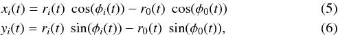 Mathematical equation: \begin{eqnarray} && x_{i}(t)=r_{i}(t)\hspace{0.1cm} \cos( \phi_{i}(t) ) - r_{0}(t)\hspace{0.1cm} \cos( \phi_{0}(t) ) \\ && y_{i}(t)=r_{i}(t)\hspace{0.1cm} \sin( \phi_{i}(t) ) - r_{0}(t)\hspace{0.1cm} \sin( \phi_{0}(t) ), \end{eqnarray}
