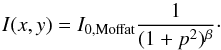 Mathematical equation: \begin{equation} I(x,y) = I_{0, \rm Moffat} \frac{1}{(1+p^{2})^{\beta}}\cdot \end{equation}