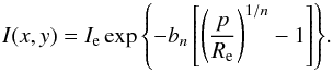 Mathematical equation: \begin{equation} I(x,y) = I_{\rm e} \exp{\left\{-b_{n}\left[\left(\frac{p}{R_{\rm e}}\right)^{1/n}-1\right]\right\}}. \end{equation}