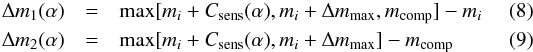 Mathematical equation: \begin{eqnarray} \Delta m_1(\alpha) &= &{\rm max}[m_i+C_{\rm sens}(\alpha),m_i+\Delta m_{\rm max},m_{\rm comp}]-m_i \\ \Delta m_2(\alpha) &= &{\rm max}[m_i+C_{\rm sens}(\alpha),m_i+\Delta m_{\rm max}]-m_{\rm comp} \end{eqnarray}