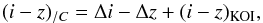 Mathematical equation: \begin{equation} (i-z)_{/C} = \Delta i - \Delta z + (i-z)_{\rm KOI}, \end{equation}