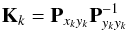Mathematical equation: \begin{equation} \label{eq:UKF_K} \textbf{K}_{k} = \textbf{P}_{x_{k}y_{k}} \textbf{P}_{y_{k}y_{k}}^{-1} \end{equation}