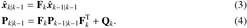 Mathematical equation: \begin{eqnarray} \label{eq:KF_xf} &&\hat{\vec{x}}_{k\mid k-1} = \textbf{F}_{k}\hat{\vec{x}}_{k-1\mid k-1} \\ \label{eq:KF_Pf} &&\textbf{P}_{k\mid k-1} = \textbf{F}_{k} \textbf{P}_{k-1\mid k-1} \textbf{F}_{k}^{\text{T}} + \textbf{Q}_{k}. \end{eqnarray}