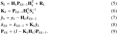 Mathematical equation: \begin{eqnarray} \label{eq:KF_Sk} &&\textbf{S}_k = \textbf{H}_k \textbf{P}_{k\mid k-1} \textbf{H}_k^\text{T} + \textbf{R}_k \\ \label{eq:KF_Kk} &&\textbf{K}_k = \textbf{P}_{k\mid k-1}\textbf{H}_k^\text{T}\textbf{S}_k^{-1}\\ &&\tilde{\vec{y}}_k = \vec{y}_k - \textbf{H}_k\hat{\vec{x}}_{k\mid k-1}\\ &&\hat{\vec{x}}_{k\mid k} = \hat{\vec{x}}_{k\mid k-1} + \textbf{K}_k\tilde{\vec{y}}_k\\ &&\textbf{P}_{k|k} = (I - \textbf{K}_k \textbf{H}_k) \textbf{P}_{k|k-1}. \end{eqnarray}