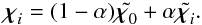 Mathematical equation: \begin{equation} \label{eq:SigmaPoints_alpha} \Bchi_i=(1-\alpha)\tilde{\Bchi_0}+\alpha\tilde{\Bchi_i}. \end{equation}