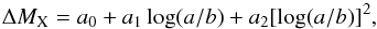 Mathematical equation: \begin{equation} {\Delta M_{\rm X}} = a_0 + a_1 \log (a/b) + a_2 [\log (a/b)]^2, \label{Jband} \end{equation}