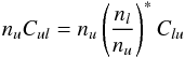 Mathematical equation: \begin{eqnarray*} n_uC_{ul} = n_u \left(\frac{n_l}{n_u}\right)^*C_{lu} \end{eqnarray*}