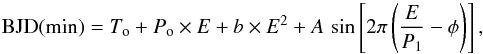 Mathematical equation: \begin{equation} \label{eq. 1} {\rm BJD(min)} = T_{\rm o} + P_{\rm o} \times E + b \times E^2 + A\, \sin \left[2\pi \left(\frac{E}{P_1}-\phi \right)\right] , \end{equation}