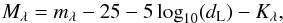 Mathematical equation: \begin{equation} M_\lambda = m_\lambda - 25 -5 \log_{10}(d_{\rm L})-K_\lambda, \label{eq:absmag} \end{equation}