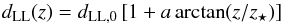 Mathematical equation: \begin{equation} d_{\rm LL}(z) = d_{\rm LL,0}\left[ 1+a\arctan(z/z_{\star}) \right] \label{eq:atan} \end{equation}