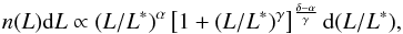 Mathematical equation: \begin{equation} n (L) \mathrm{d}L \propto (L/L^{*})^\alpha \left[1 + (L/L^{*})^\gamma\right]^\frac{\delta-\alpha}{\gamma} \mathrm{d}(L/L^{*}), \label{eq:abell} \end{equation}