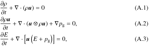Mathematical equation: \appendix \setcounter{section}{1} \begin{eqnarray} &&\pd{\rho}{t} + \nabla\cdot(\rho\vec{u}) = 0 \\ &&\pd{\rho\vec{u}}{t} +\nabla\cdot(\vec{u}\otimes\rho\vec{u}) +\nabla p_{\rm g}=0, \\ &&\pd{E}{t} +\nabla\cdot\left[\vec{u}\left(E+p_{\rm g}\right)\right] =0 , \label{eqn:euler} \end{eqnarray}