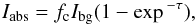 Mathematical equation: \begin{equation} \label{eq:tau} I_{\rm abs} = f_{\rm c} I_{\rm bg} (1-\exp{^{-\tau}}), \end{equation}