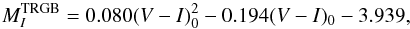 Mathematical equation: \begin{equation} M_I^{\rm TRGB} = 0.080(V-I)_0^2 -0.194(V-I)_0 -3.939, \end{equation}