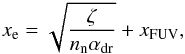 Mathematical equation: \begin{eqnarray} \label{eqn:ionisation} x_{\rm e} = \sqrt{\frac{\zeta}{n_{\rm n}\alpha_{\rm dr}}}+x_{\mathrm{FUV}}, \end{eqnarray}